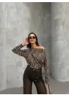 Kadın Leopar Desenli Düşük Omuzlu Bluz