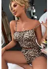 Omarı Leopar Desenli Fırfırlı Gecelik Takımı