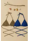 Omarı Leopar Desenli Mavi Minimal Bikini Üstü