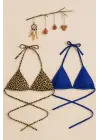 Omarı Leopar Desenli Mavi Minimal Bikini Üstü