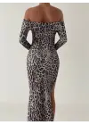 Omarı Leopar Desenli Maxi Boy Derin Yırtmaçlı Elbise