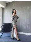 Kadın Madonna Yaka Dalgıç Kumaş Leopar Desen Maxi Boy Derin Yırtmaçlı Elbise