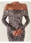 Omarı Leopar Desenli Maxi Boy Derin Yırtmaçlı Elbise