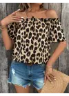 Kadın Madonna Yaka Fırfırlı Leopar Desenli Mikro Kumaş Bluz