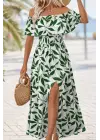 Kadın Madonna Yaka Göğüs Lastikli Yırtmaçlı Uzun Desenli Süprem Elbise
