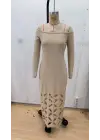 Kadın Madonna Yaka Uzun Kollu Lazer çiçek Kesim Detaylı Uzun Ithal Krep Elbise