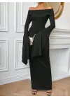 Kadın Madonna Yaka Uzun Yırtmaç Kol Detaylı Uzun Ithal Krep Elbise