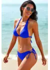 Kadın Mavi Belden, Boyundan Bağlamalı ve Ayarlanabilir Külotlu Üçgen Bikini Mayo Takımı