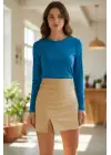 Kadın Mavi Parmak Detaylı Esnek Uzun Kollu Body