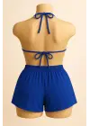 Omarı Mavi Şortlu Bağlamalı Bikini Takımı