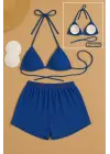 Omarı Mavi Şortlu Bağlamalı Bikini Takımı