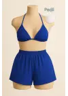 Omarı Mavi Şortlu Bağlamalı Bikini Takımı