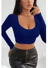 Omarı Mavi Uzun Kol Kare Yaka Crop Top Bluz