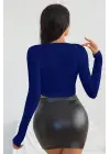 Omarı Mavi Uzun Kol Kare Yaka Crop Top Bluz