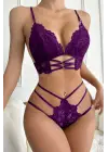 Omarı Şık Mor Dantel Cut-Out Detaylı Kadın Sütyen ve Külot Takımı