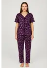 Kadın Mor Kalp Desenli Fiyonklu Kısa Kollu Uzun Pijama Takımı