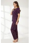 Kadın Mor Kalp Desenli Fiyonklu Kısa Kollu Uzun Pijama Takımı