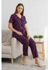 Kadın Mor Kalp Desenli Fiyonklu Kısa Kollu Uzun Pijama Takımı