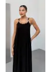 Kadın Omuz Askılı Kuş Gözü Zincir Detay Sandy Kumaş Maxi Boy Elbise