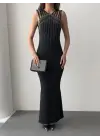 Omarı Taş Detaylı Omuz Askılı Kadın Maxi Elbise