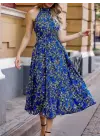 Kadın Omuz Dekolteli Halter Yaka Desenli Maxi Süprem Elbise