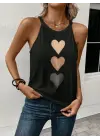 Kadın Omuzlardan Açık Boyundan Askılı Kalp Baskılı Viskon Bluz