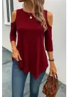 Kadın Omuzlardan Açık Sıfır Yaka Asimetrik Kesim Detay Viskon Bluz