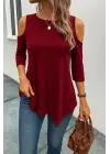 Kadın Omuzlardan Açık Sıfır Yaka Asimetrik Kesim Detay Viskon Bluz