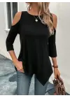 Kadın Omuzlardan Açık Sıfır Yaka Asimetrik Kesim Detay Viskon Bluz