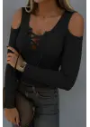 Kadın Omuzlardan Açık Uzun Kollu Bağcıklı Kaşkorse Bluz