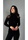 Kadın Omuzları Tül Balıkçı Yaka Viskon Kumaş Bluz