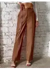 Kadın önden Fermuarlı Cepli Geniş Kesim Lame Deri Pantolon