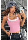 Omarı Pembe Beyaz Çift Renk Çapraz Askılı Crop Top Bluz