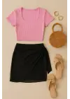 Omarı Pembe Crop Üst ve Siyah Pareo 2li Set