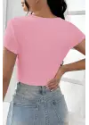 Omarı Pembe Yarım Kol Crop Top Bluz