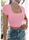 Omarı Pembe Yarım Kol Crop Top Bluz
