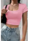 Omarı Pembe Yarım Kol Crop Top Bluz