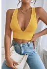 Omarı Sarı Çapraz Sırt Detaylı Crop Top - Trendy Moda Parçası