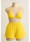 Kadın Sarı Şortlu Belden ve Boyundan Bağlamalı Bikini Takımı