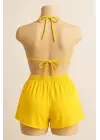 Kadın Sarı Şortlu Belden ve Boyundan Bağlamalı Bikini Takımı