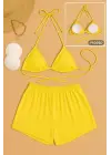 Kadın Sarı Şortlu Belden ve Boyundan Bağlamalı Bikini Takımı