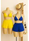 Kadın Sarı ve Mavi Şortlu Belden ve Boyundan Bağlamalı Bikini Takımı