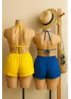 Kadın Sarı ve Mavi Şortlu Belden ve Boyundan Bağlamalı Bikini Takımı