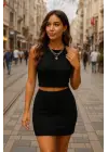 Kadın Sıfır Kol Crop Mini Etek Ikili Triko Takım
