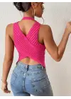 Kadın Sıfır Kol Sırt çapraz Detay Triko Bluz