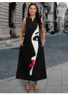 Kadın Sıfır Kol V Yakalı Kadın Yüz Desenli Süprem Elbise