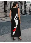 Kadın Sıfır Kol V Yakalı Kadın Yüz Desenli Süprem Elbise