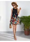 Omarı Çiçek Desenli Sıfır Kollu Mini Elbise
