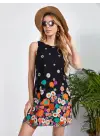 Kadın Sıfır Kollu Bisiklet Yaka çiçek Desenli Süprem Mini Elbise