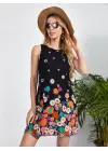 Kadın Sıfır Kollu Bisiklet Yaka çiçek Desenli Süprem Mini Elbise